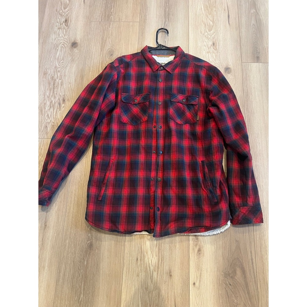 Dravus XL Sherpa Lined Flannel Shirt Jacket Red Black Plaid Snap Front Men